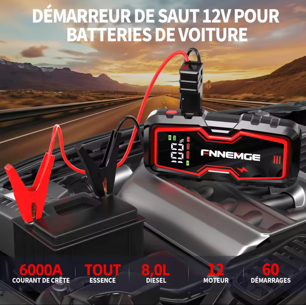 Démarreur de Voiture 6000A – Booster Batterie 12V, pour Véhicules Essence & Diesel Jusqu'à 8.0L